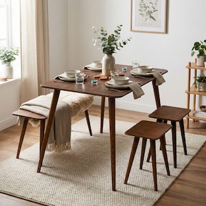 Space Saving Rectangle Narrow Small Dining Table Set, Wooden Dine Table Bench and Stool Kitchen Set for 4, Breakfast Tables Home Gift