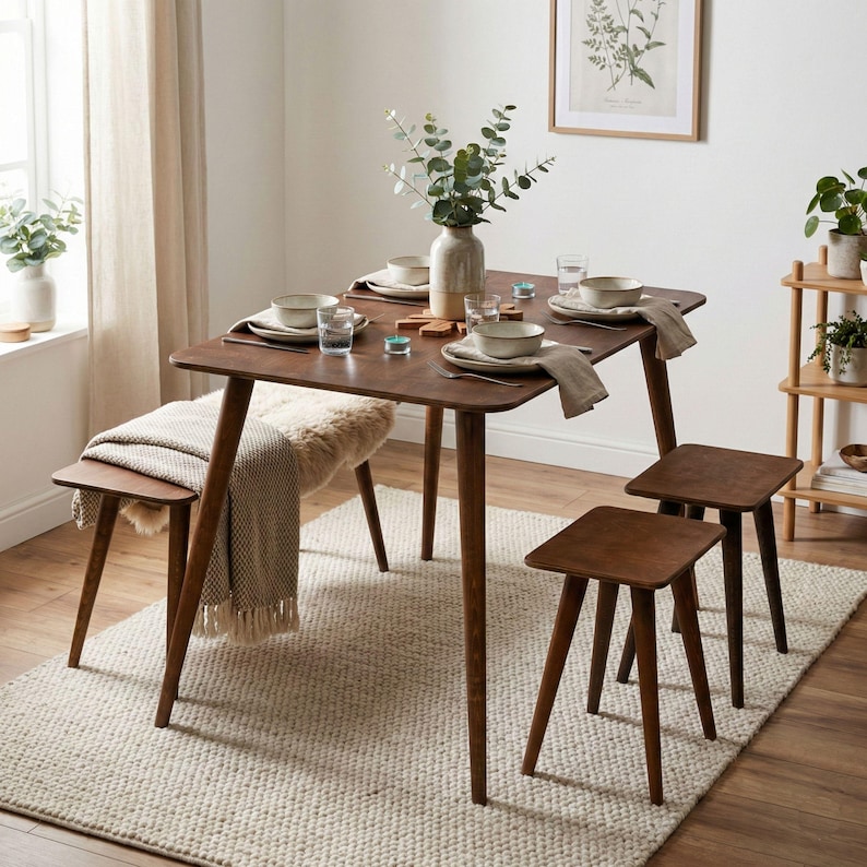🍽️ Space Saving Rectangle Narrow Small Dining Table Set – Walnut Wood Bench & Stool Kitchen Set

Maximize your space without compromising style with this rectangle small dining table set. Crafted from warm walnut wood, this wooden dine table set combines modern minimalist design with rustic charm, making it perfect for small kitchens, breakfast nooks, and dining areas.