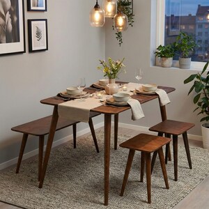 🍽️ Space Saving Rectangle Narrow Small Dining Table Set – Walnut Wood Bench & Stool Kitchen Set

Maximize your space without compromising style with this rectangle small dining table set. Crafted from warm walnut wood, this wooden dine table set combines modern minimalist design with rustic charm, making it perfect for small kitchens, breakfast nooks, and dining areas.