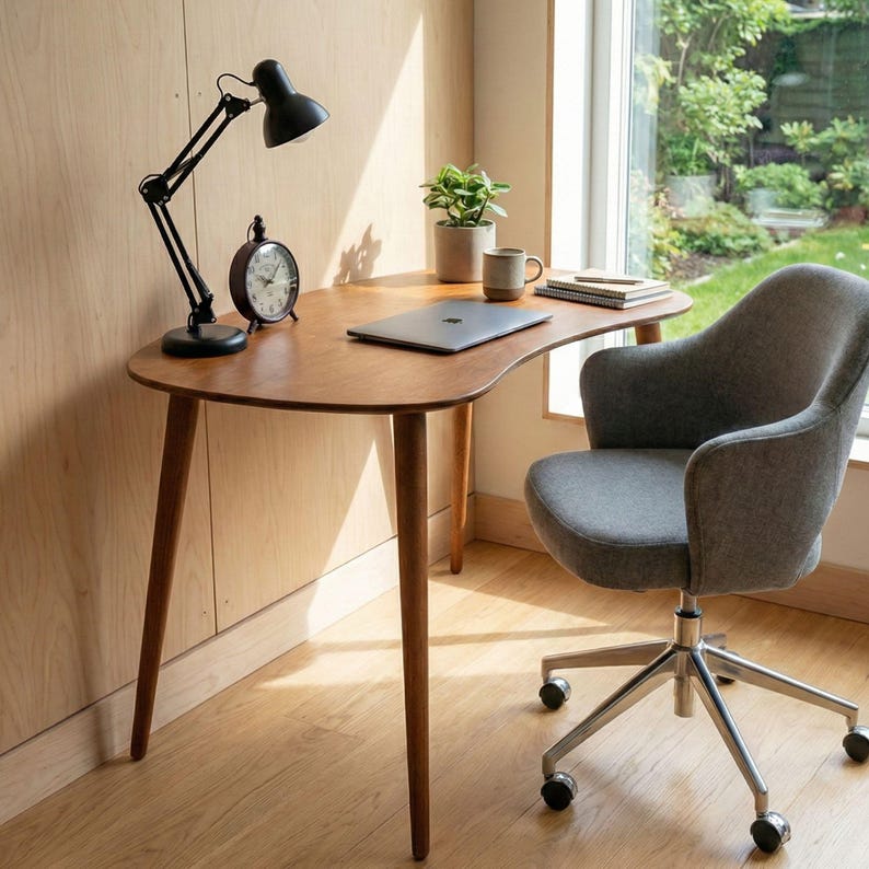 Escritorio de computadora de madera elipse, escritorio pequeño de mediados de siglo, escritorio moderno para oficina, escritorio para trabajar desde casa, escritorio para computadora portátil imagen 19