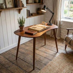 Escritorio de computadora de madera elipse, escritorio pequeño de mediados de siglo, escritorio moderno para oficina, escritorio para trabajar desde casa, escritorio para computadora portátil imagen 12