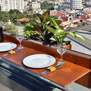 Folding Balcony Bar Dining Table, Foldable Railing Deck Table Patio Furniture, Walnut Wooden Pub Bar Rail Table for Apartment