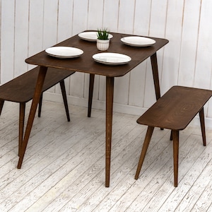 Küche Kleine Walnuss Holz Esszimmertisch Set, Bauernhaus Schmal Dine Tisch Bänke, Rustikales Handgemachtes Frühstück 2 3 4 Sitz Wohnmöbel