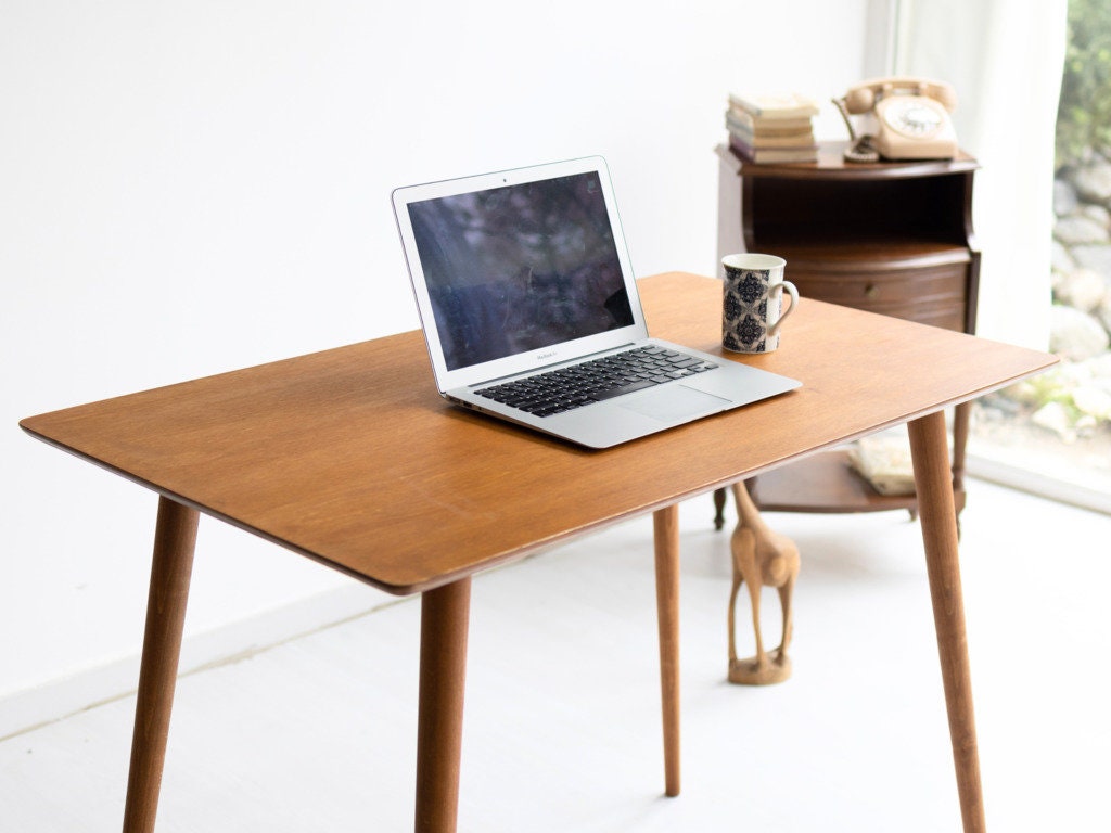 Walnut Wood Desk Table Handmade MCM Small Writing Desk Home