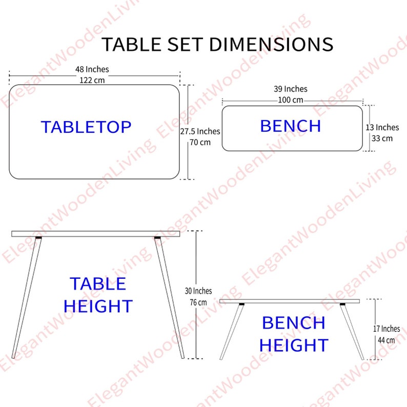 May include: A technical diagram titled TABLE SET DIMENSIONS showing a tabletop and bench with measurements. The tabletop is 48 inches by 27.5 inches, 30 inches high. The bench is 39 inches by 13 inches, 17 inches high. Black lines on white.