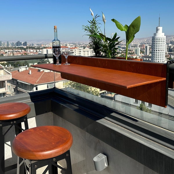 Balcony Bar Table with Plant Stand, Stand Stool Set Indoor Ideas, Foldable Handmade Railing Bar Table, Folding Garden Table