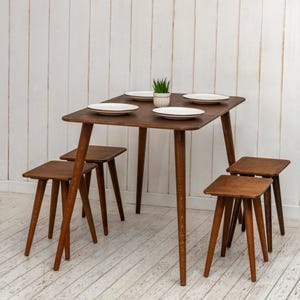 Narrow Dining Table Set Walnut Wood, Rectangle Small Dining Room Table with Stool, Spacesaver Breakfast 2 3 4 Seat Home Kitchen Furniture