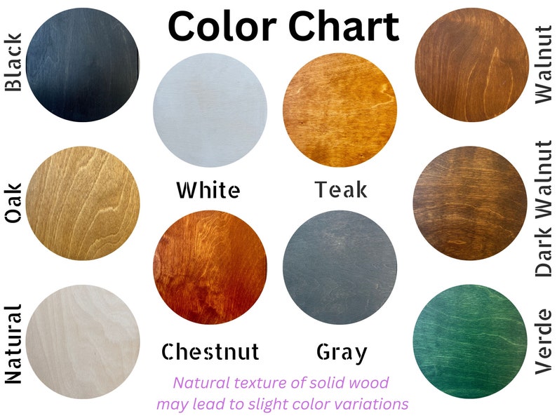 Puede incluir: Carta de colores que muestra diferentes acabados de madera para muebles. Los colores incluyen negro, roble, blanco, teca, casta&ntilde;o, gris, verde y nogal oscuro.