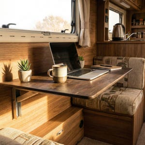 May include: Interior of a camper van with a wooden desk, a laptop, a mug, and a small potted plant. The desk is attached to the wall and has a fold-down design. A window is visible in the background, along with a seating area.