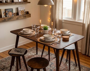 Puede incluir: Una mesa de comedor de madera oscura con cuatro patas, acompañada de dos taburetes redondos a juego. La mesa está puesta con cuatro servicios, incluyendo cuencos blancos, platos, vasos, cubiertos y una pequeña planta en maceta.