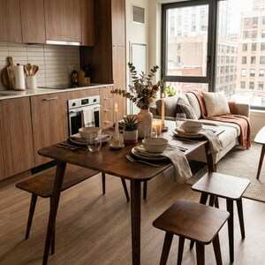 🍽️ Space Saving Rectangle Narrow Small Dining Table Set – Walnut Wood Bench & Stool Kitchen Set

Maximize your space without compromising style with this rectangle small dining table set. Crafted from warm walnut wood, this wooden dine table set combines modern minimalist design with rustic charm, making it perfect for small kitchens, breakfast nooks, and dining areas.