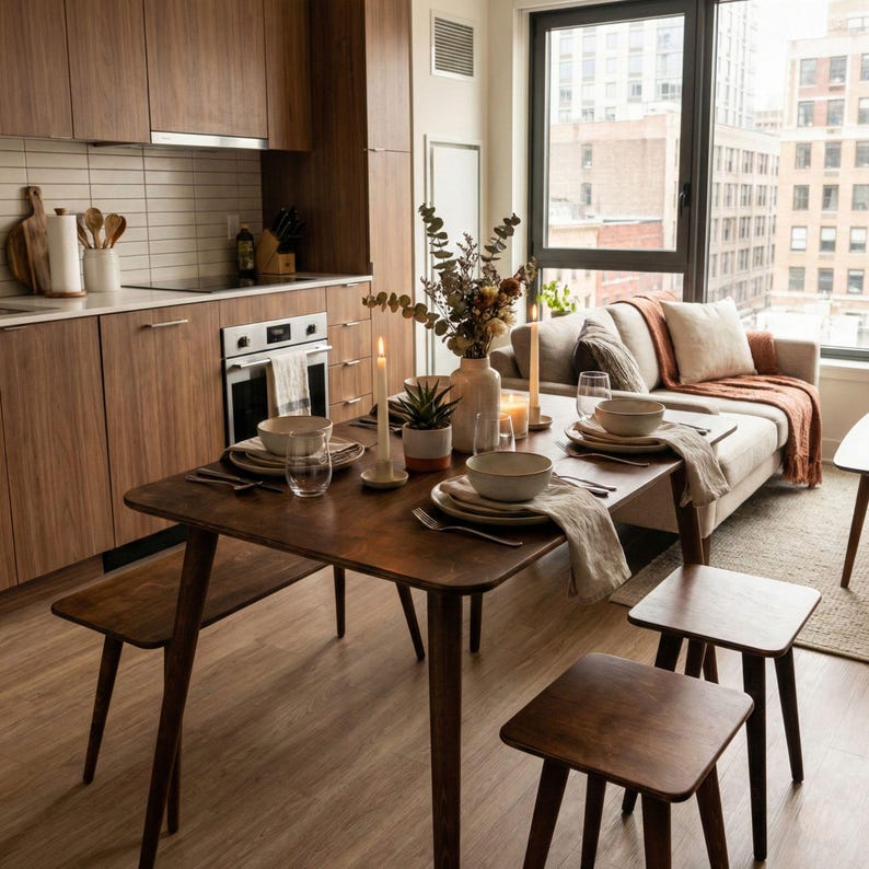 🍽️ Space Saving Rectangle Narrow Small Dining Table Set – Walnut Wood Bench & Stool Kitchen Set

Maximize your space without compromising style with this rectangle small dining table set. Crafted from warm walnut wood, this wooden dine table set combines modern minimalist design with rustic charm, making it perfect for small kitchens, breakfast nooks, and dining areas.