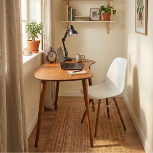 楕円形の木製コンピューターデスクテーブル、小さなミッドセンチュリーデスク、モダンなワーキングデスクオフィス家具、在宅勤務用ライティングデスクノートパソコンデスク