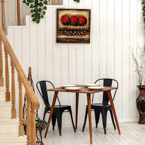 Here is Square Walnut Wooden Dining Room Table! This Narrow Space Dine Table Kitchen in the dining room perfectly complements and change the cozy small home atmosphere, offering a personalized touch to the kitchen.