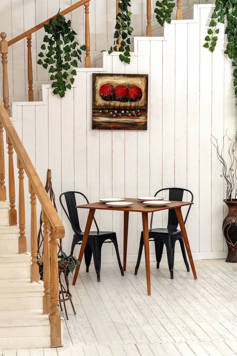 Here is Square Walnut Wooden Dining Room Table! This Narrow Space Dine Table Kitchen in the dining room perfectly complements and change the cozy small home atmosphere, offering a personalized touch to the kitchen.