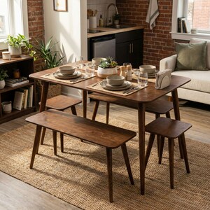 🍽️ Space Saving Rectangle Narrow Small Dining Table Set – Walnut Wood Bench & Stool Kitchen Set

Maximize your space without compromising style with this rectangle small dining table set. Crafted from warm walnut wood, this wooden dine table set combines modern minimalist design with rustic charm, making it perfect for small kitchens, breakfast nooks, and dining areas.