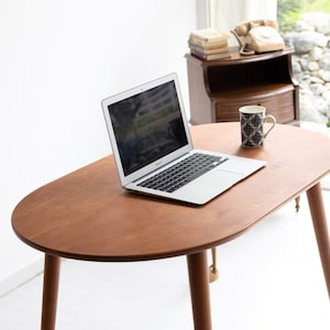 Oval Walnut Office Desk Table, Mid Century Modern Writing Desk Furniture, Small Space Laptop Computer Desk Bureau, Wooden Macbook PC Desk
