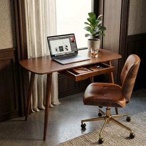 Ovaler Laptop Schreibtisch Tisch mit Schublade, Mid Century Modern Schmaler Schreibtisch Büromöbel Abgerundete Seite Schreibtisch Arbeit vom Computertisch zu Hause