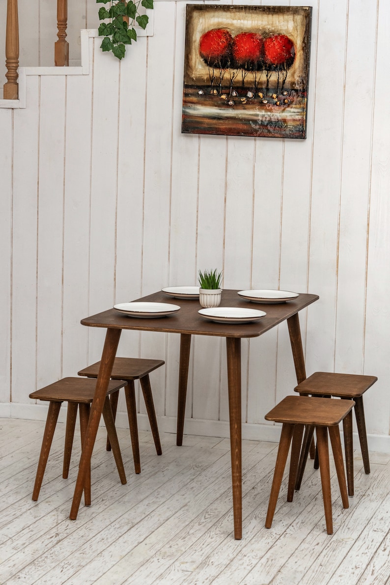 🍽️ Space Saving Rectangle Narrow Small Dining Table Set – Walnut Wood Bench & Stool Kitchen Set

Maximize your space without compromising style with this rectangle small dining table set. Crafted from warm walnut wood, this wooden dine table set combines modern minimalist design with rustic charm, making it perfect for small kitchens, breakfast nooks, and dining areas.

✨ Why You’ll Love It:

Sleek and minimalist rectangular dining table blends modern aesthetics with handcrafted warmth.