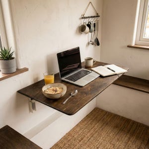 Wall Mounted Foldable Home Office Desk Table

Fold-Down Space Saving Laptop Desk | Murphy Desk for Small Spaces, Kitchen, RV & Dorm Rooms

This wall-mounted foldable desk is a smart and stylish space-saving solution for modern homes. Designed for versatility, it folds down easily when you need a workspace and folds back up to keep your area clean and open. Perfect for home offices, kitchens, RVs, dormitories, and studio apartments.

The tabletop is crafted from high-quality birch plywood,