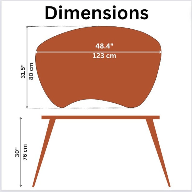 Puede incluir: Una mesa de madera con tapa curva de color marr&oacute;n, con un di&aacute;metro de 123 cm (48,4") y una altura de 80 cm (31,5"). La mesa tiene tres patas, cada una con una altura de 76 cm (30").
