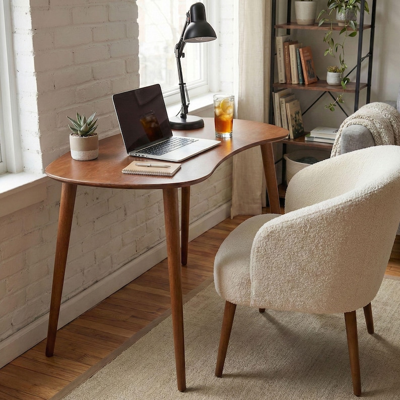 Escritorio de computadora de madera elipse, escritorio pequeño de mediados de siglo, escritorio moderno para oficina, escritorio para trabajar desde casa, escritorio para computadora portátil imagen 13