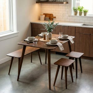 🍽️ Space Saving Rectangle Narrow Small Dining Table Set – Walnut Wood Bench & Stool Kitchen Set

Maximize your space without compromising style with this rectangle small dining table set. Crafted from warm walnut wood, this wooden dine table set combines modern minimalist design with rustic charm, making it perfect for small kitchens, breakfast nooks, and dining areas.