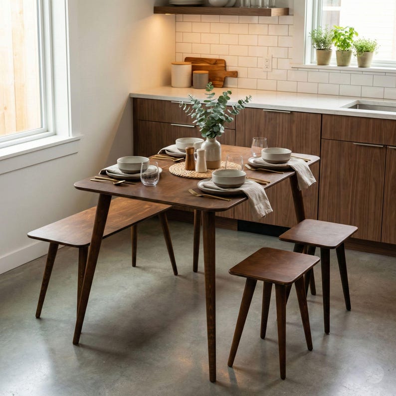 🍽️ Space Saving Rectangle Narrow Small Dining Table Set – Walnut Wood Bench & Stool Kitchen Set

Maximize your space without compromising style with this rectangle small dining table set. Crafted from warm walnut wood, this wooden dine table set combines modern minimalist design with rustic charm, making it perfect for small kitchens, breakfast nooks, and dining areas.
