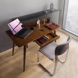 Rectangular Laptop Desk Table with Drawer, Mid Century Modern Narrow Desk Office Furniture, Writing Desk Work from Home Computer Desk