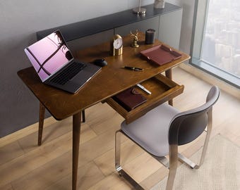 Rectangular Laptop Desk Table with Drawer, Mid Century Modern Narrow Desk Office Furniture, Writing Desk Work from Home Computer Desk