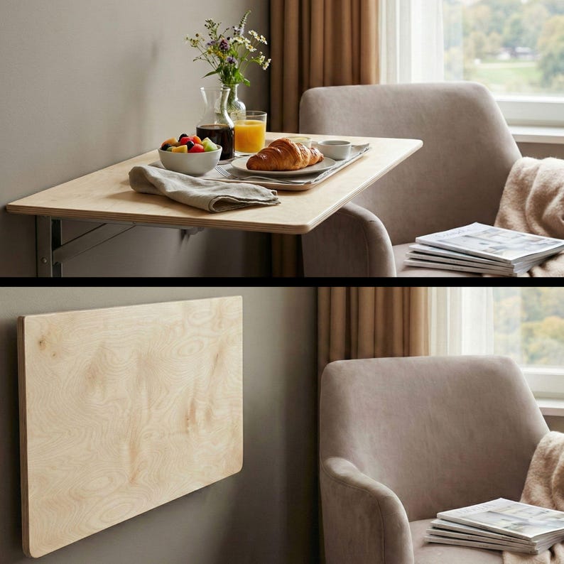 Wall Mounted Foldable Home Office Desk Table

Fold-Down Space Saving Laptop Desk | Murphy Desk for Small Spaces, Kitchen, RV & Dorm Rooms

This wall-mounted foldable desk is a smart and stylish space-saving solution for modern homes. Designed for versatility, it folds down easily when you need a workspace and folds back up to keep your area clean and open. Perfect for home offices, kitchens, RVs, dormitories, and studio apartments.

The tabletop is crafted from high-quality birch plywood,
