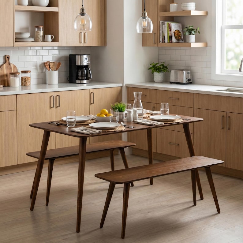 May include: A rectangular wooden dining table with two matching wooden benches. The table is set with white plates, clear glasses, napkins, and a bowl of lemons. The kitchen features light wood cabinets, a coffee maker, and a toaster.