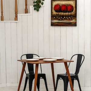 Here is Square Walnut Wooden Dining Room Table! This Narrow Space Dine Table Kitchen in the dining room perfectly complements and change the cozy small home atmosphere, offering a personalized touch to the kitchen.