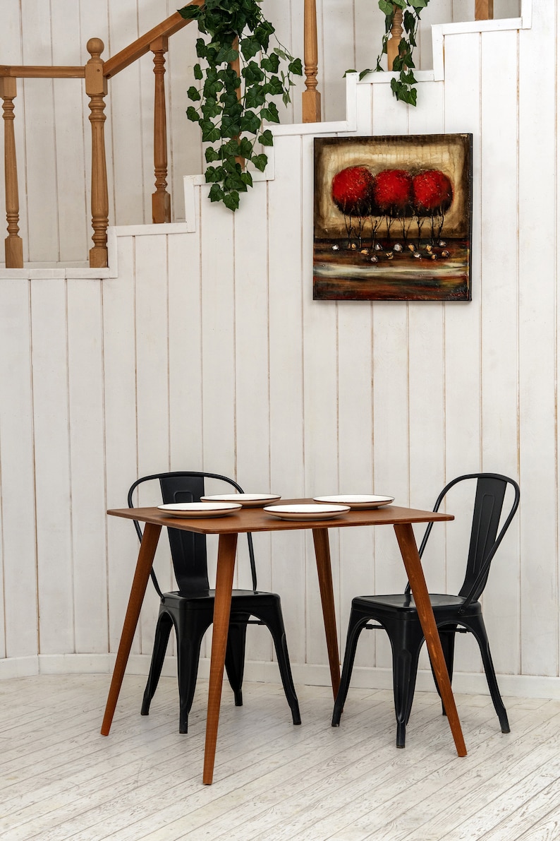Here is Square Walnut Wooden Dining Room Table! This Narrow Space Dine Table Kitchen in the dining room perfectly complements and change the cozy small home atmosphere, offering a personalized touch to the kitchen.