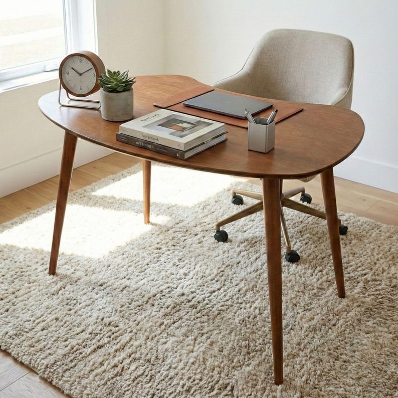 Escritorio de computadora de madera elipse, escritorio pequeño de mediados de siglo, escritorio moderno para oficina, escritorio para trabajar desde casa, escritorio para computadora portátil imagen 15
