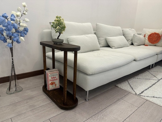 Handmade Wooden Slim End Side Tables, Small Walnut Round Narrow Bedside Coffee Table, Spacesaver Plant Stand Livingroom Furniture