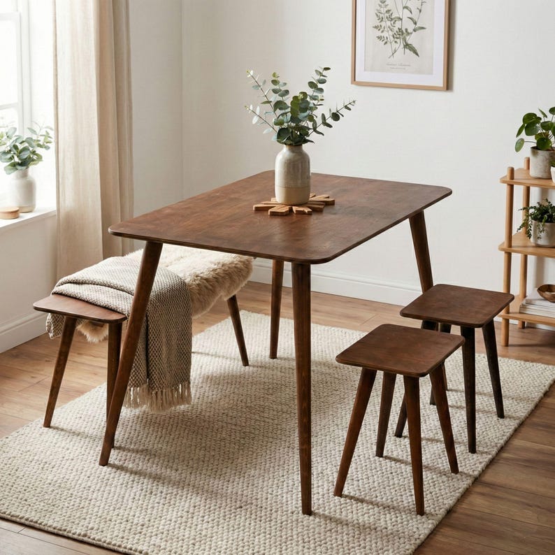 🍽️ Space Saving Rectangle Narrow Small Dining Table Set – Walnut Wood Bench & Stool Kitchen Set

Maximize your space without compromising style with this rectangle small dining table set. Crafted from warm walnut wood, this wooden dine table set combines modern minimalist design with rustic charm, making it perfect for small kitchens, breakfast nooks, and dining areas.