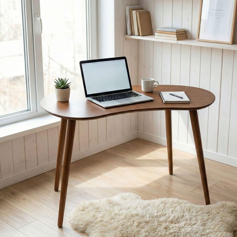 Escritorio de computadora de madera elipse, escritorio pequeño de mediados de siglo, escritorio moderno para oficina, escritorio para trabajar desde casa, escritorio para computadora portátil imagen 16