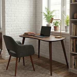 Escritorio de computadora de madera elipse, escritorio pequeño de mediados de siglo, escritorio moderno para oficina, escritorio para trabajar desde casa, escritorio para computadora portátil imagen 20