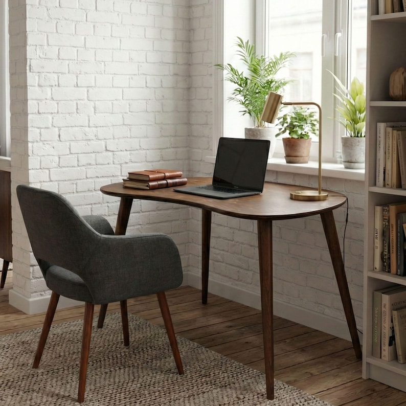 Escritorio de computadora de madera elipse, escritorio pequeño de mediados de siglo, escritorio moderno para oficina, escritorio para trabajar desde casa, escritorio para computadora portátil imagen 20
