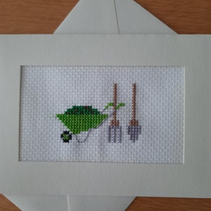 Tarjeta de felicitación hecha a mano de lujo - jardinería en punto de cruz