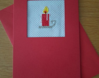 Luxury Hand Made Christmas Card - cross stitch candle, small