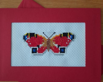 Luxury Hand Made Greetings Card - cross stitch Peacock butterfly