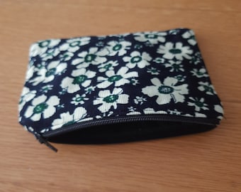 Black Coin Purse - white flowers, black zip