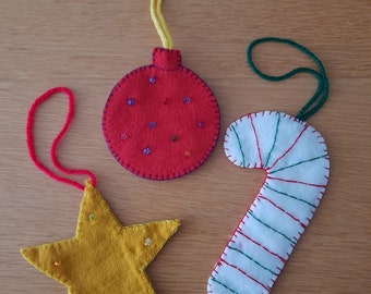 Set of 3 Felt Christmas Decorations - bauble, candy cane, star