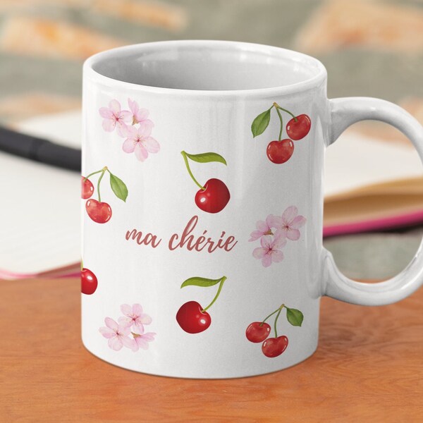 Ma Chérie Mug, Cherry Pattern Mug, Nature Lover Gift,  Trendy Garden Drinkware, Romantic Coffee Cup, French Chic Fruit Coffee Mug, Cute Cup