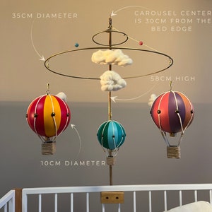 Hot air balloons carousel with a mount Baby mobile. Baby bed/crib decoration. Home nursery decoration. Complete set with safe bamboo mount. zdjęcie 10