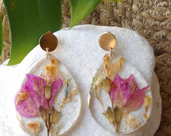 Big, colorful and flamboyant real flower earrings (handmade; authentic, handpicked and preserved flowers, lightweight, 7cm length)