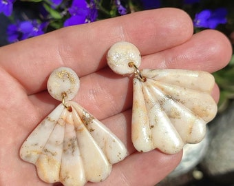 Seashell Polymer Clay Earrings (handmade, lightweight, polymer clay, marble look, golden highlights, 5cm length)