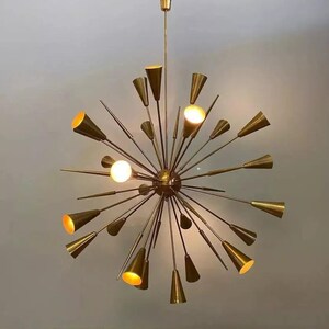 24-Light Sputnik Chandelier | 1950s Italian Brass Ceiling Light | Mid-Century Modern Raw Brass Pendant Lighting | Handmade Urchin Lamp